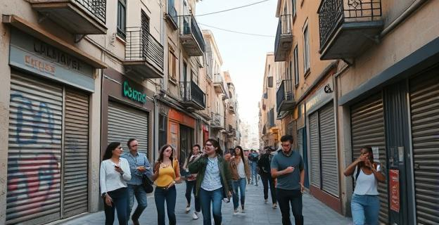 Un barrio pobre en Alicante con locales cerrados y personas en la calle, algunos con móviles de alta gama, celebrando con risas y mostrando sus teléfonos