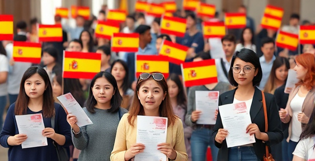 Una multitud de personas de diferentes edades y nacionalidades sosteniendo banderas españolas y formularios de solicitud de nacionalidad en un consulado español en el extranjero