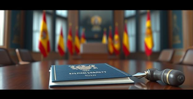 Un pasaporte diplomático sobre una mesa con un sello oficial y una pluma estilográfica al lado, en un despacho oficial con banderas de España al fondo