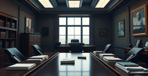 Una escena que muestra un despacho oficial con documentos y teléfonos, representando la intersección de la política y la justicia, con un ambiente de tensión y secretismo