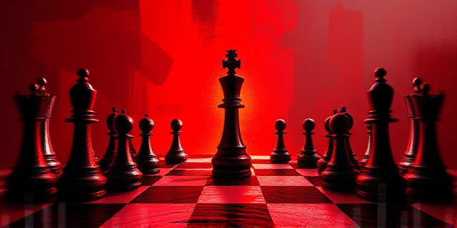 Una composición abstracta que evoca un tablero de ajedrez en tonos oscuros y rojos, con piezas de ajedrez que representan figuras políticas.  En el centro, un foco de luz ilumina una pieza clave, mientras sombras amenazantes se ciernen sobre el tablero.  Estilo pictórico expresionista, con pinceladas gruesas y texturizadas.