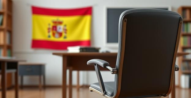 Una cátedra universitaria con un escritorio y libros de historia en un entorno académico, con una bandera de España al fondo