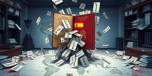 Una ilustración satírica y conceptual. Un pasaporte español antiguo abierto que se transforma en una cascada de papeletas electorales que caen sobre un mapa del mundo. Al fondo, una oficina consular desbordada de papeles y sellos, con un reloj de arena que se rompe. Estilo editorial de revista política, colores sobrios con contrastes fuertes, atmósfera de caos burocrático.