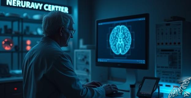 Una imagen oscura y misteriosa de un neurocientífico en un laboratorio, con una pantalla de computadora mostrando una imagen de un cerebro humano.