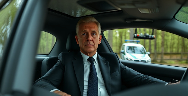 Imagen de un hombre maduro con traje, sentado en un coche de lujo con escolta policial, en una zona boscosa sin cobertura móvil. Al fondo, otro vehículo con antenas de seguridad.