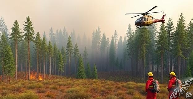 Imagen de una zona forestal afectada por un incendio, con bomberos trabajando en el lugar y un helicóptero sobrevolando la zona.