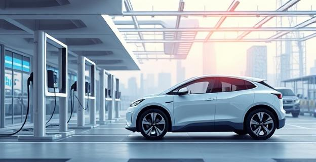 Imagen de un coche eléctrico siendo cargado en una estación de carga moderna con un fondo de fábricas de automóviles y gráficos de estadísticas de producción