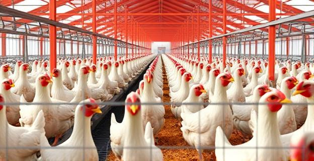 Granja de gallinas ponedoras con gallinas en jaulas cerradas