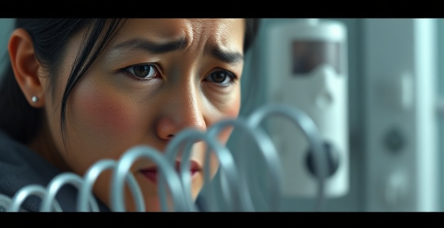 Una imagen que represente la mezcla de tristeza y rabia en el rostro de una joven inuit, con un fondo que sugiera un entorno hospitalario o médico, y una espiral metálica visible en el primer plano, simbolizando el dispositivo intrauterino impuesto sin consentimiento.