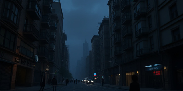Una imagen de un apagón en una ciudad, con luces apagadas y personas en la oscuridad