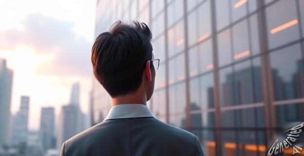Un hombre de negocios mirando un edificio de oficinas con una ciudad al fondo