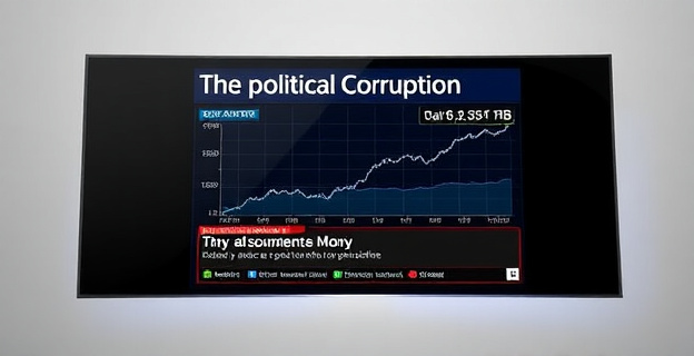 Una pantalla mostrando un gráfico con cifras y una noticia sobre corrupción política, con un fondo oscuro y letras blancas destacando la cantidad de dinero involucrada.