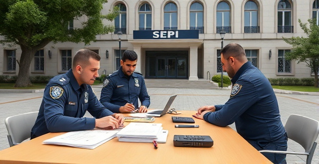 Una imagen que represente una operación policial con agentes de la Guardia Civil alrededor de una mesa con documentos y teléfonos móviles, con un fondo de un edificio oficial que podría ser la sede de la SEPI o una comisaría.