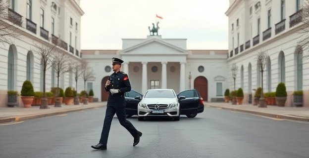 Imagen de un guardia civil patrullando a pie por una calle vacía mientras un coche oficial permanece aparcado al fondo. En el fondo, se ve un cuartel de la Guardia Civil con vehículos de lujo aparcados en la entrada.