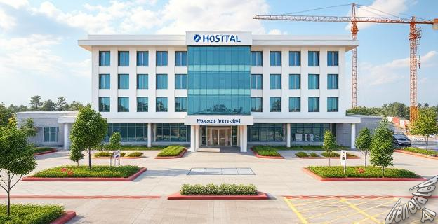 Un hospital con un nuevo edificio de siete plantas y modernos espacios verdes y zonas de espera, en un entorno de obras en construcción.
