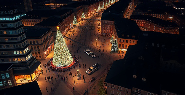 Vista aérea nocturna de una calle céntrica densamente iluminada para Navidad con multitud de personas caminando, contrastando con calles oscuras en barrios periféricos
