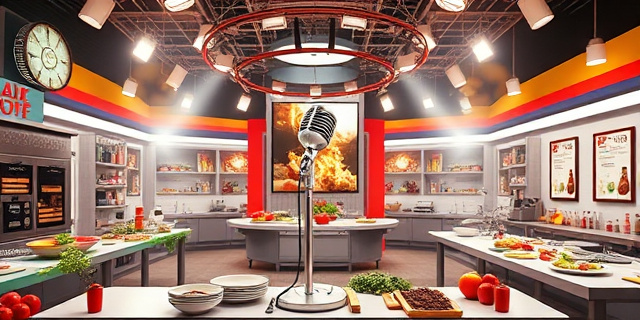 Interior de una cocina de concurso de televisión, luces brillantes y ventiladores girando, mesas llenas de ingredientes frescos y especias, un micrófono grande sobre un cabecero, carteles con recetas, el ambiente tenso y competitivo, sin rostros visibles, sin textos.