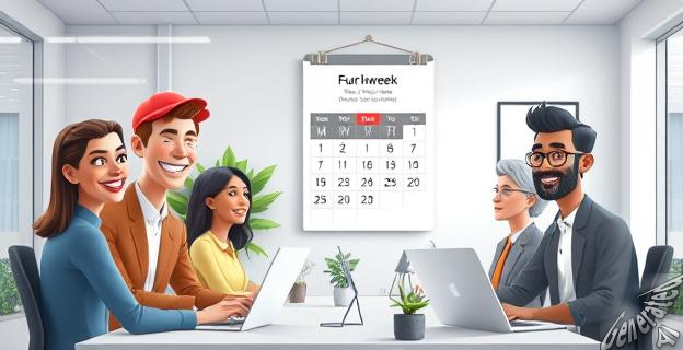 Ilustración de un grupo de personas trabajando en una oficina moderna con sonrisas en sus rostros, rodeadas de plantas y luz natural