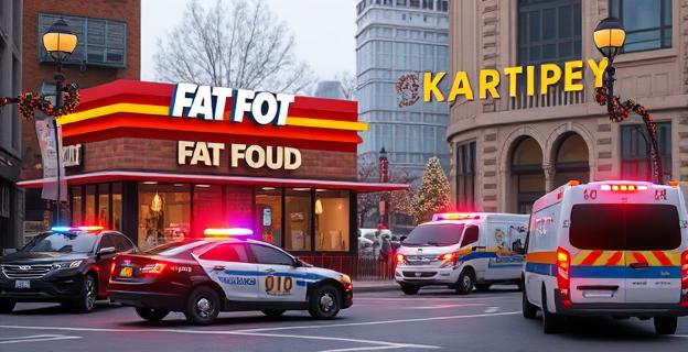 Un establecimiento de comida rápida en una calle de una ciudad estadounidense con luces de Navidad y decoraciones para Acción de Gracias. Hay coches de policía y ambulancias alrededor con luces intermitentes. Al fondo, se ve una pancarta de cumpleaños infantil.