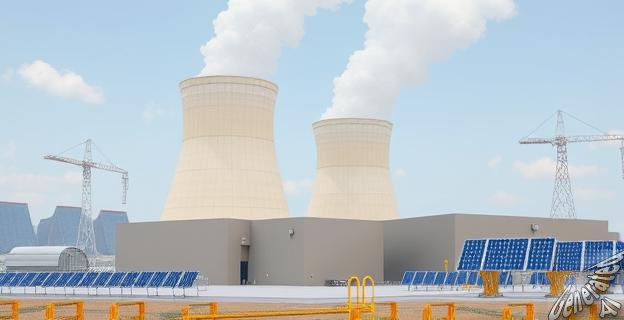 Una central nuclear con una gran torre de enfriamiento y paneles solares en el fondo.