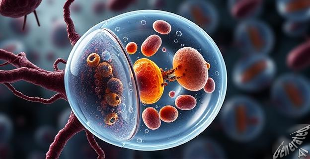 Ilustración de una célula humana con procesos de autofagia, mostrando cómo las células se descomponen y eliminan componentes dañados