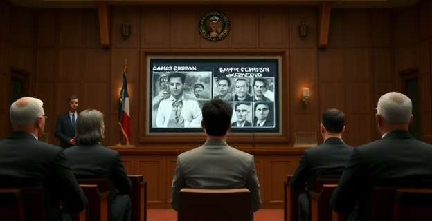 Una sala de tribunal con Santos Cerdán sentado en el estrado de los testigos, rodeado de abogados y un juez. Al fondo, una pantalla muestra imágenes de archivo de un prostíbulo y del comisario Villarejo. La atmósfera es tensa y formal.
