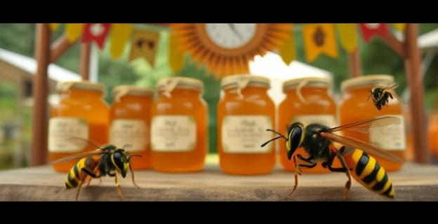 Imagen de un stand de miel en una feria apícola con varios tarros de miel y avispones orientales en primer plano, mostrando la tensión entre la producción de miel y la plaga de insectos dañinos