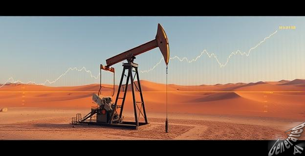Una imagen de un pozo de petróleo en un desierto, con una gráfica de precios del petróleo al fondo, mostrando una tendencia a la baja.