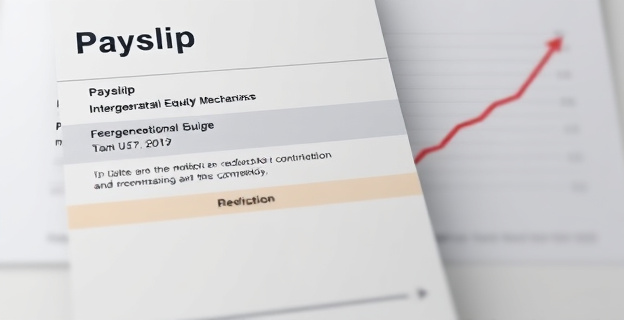 Imagen de una nómina con una sección sombreada mostrando la deducción del Mecanismo de Equidad Intergeneracional y un gráfico de fondo con una línea ascendente representando el aumento progresivo de la cotización