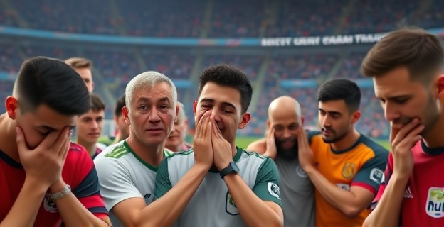 Una multitud de hombres de diversas edades y etnias llorando juntos en un estadio de fútbol, con expresiones de dolor y frustración en sus rostros, mientras se cubren la cara con las manos o se abrazan entre sí. Al fondo, se ve un campo de fútbol vacío y las gradas llenas de aficionados con banderas y camisetas de sus equipos.