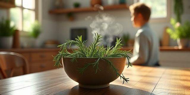 Una cocina mediterránea iluminada por luz natural. Sobre una mesa de madera se coloca un cuenco de romero fresco, sus hojas verdes y aromáticas. Vapores suaves se elevan, sugiriendo la esencia del aceite esencial. Al fondo, una silueta humana, de perfil, inhalando el aroma, con un leve resplandor que simboliza la claridad mental.