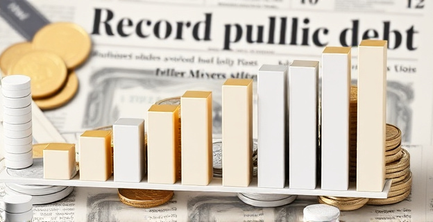 Una representación visual de un gráfico de barras mostrando la subida del precio del oro y otros activos tangibles, con un fondo de monedas y billetes devaluados y un titular de periódico en el fondo que dice 