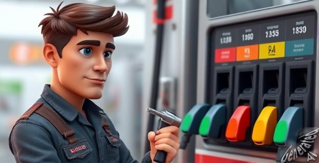 Un mecánico con un mono de trabajo y un destornillador en la mano, mirando hacia una bomba de gasolina con diferentes tipos de combustible.