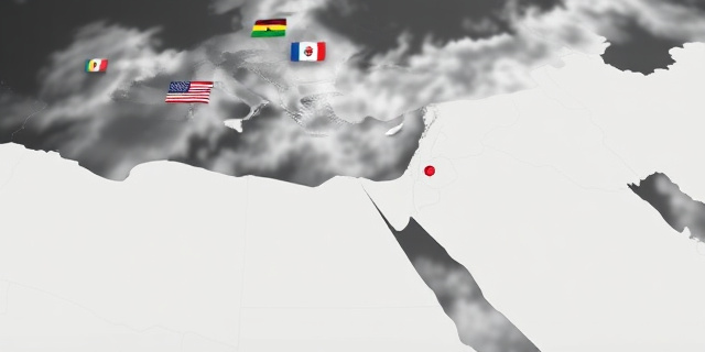 Un mapa del Medio Oriente con el estrecho de Ormuz resaltado, rodeado de banderas de diferentes países y un fondo de nubes oscuras que simbolizan la tensión política
