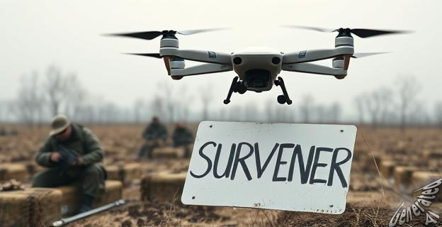 Un dron sobrevolando un campo de batalla en Ucrania, con soldados rusos atrincherados y un cartel blanco improvisado con el mensaje 