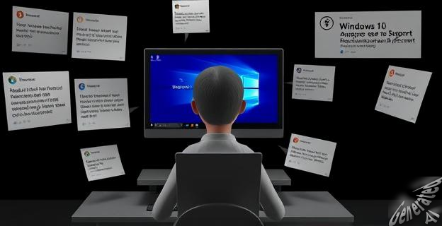 Una persona sentada frente a una computadora con una pantalla de Windows 10, rodeada de notas y recordatorios sobre la fecha de soporte y la necesidad de iniciar sesión en una cuenta de Microsoft.