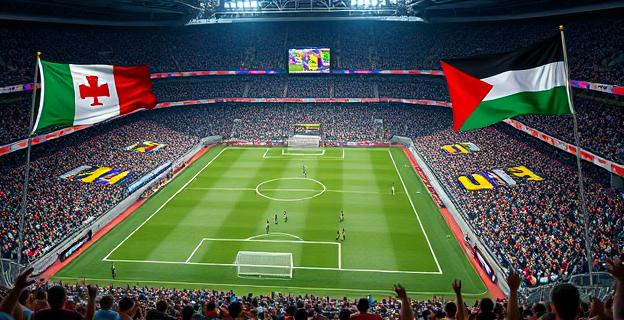 Imagen de una multitud en un estadio con banderas vascas y palestinas ondeando, y una reproducción del Guernica de Picasso en el centro del campo de fútbol.