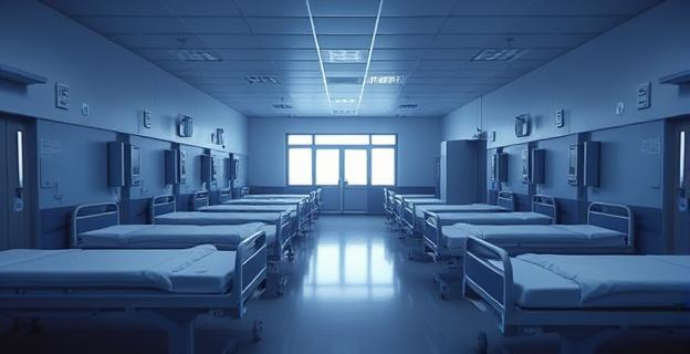 Imagen de un hospital con camas vacías y una atmósfera sombría, representando la gravedad de los hechos ocurridos en el hospital de Wuerselen