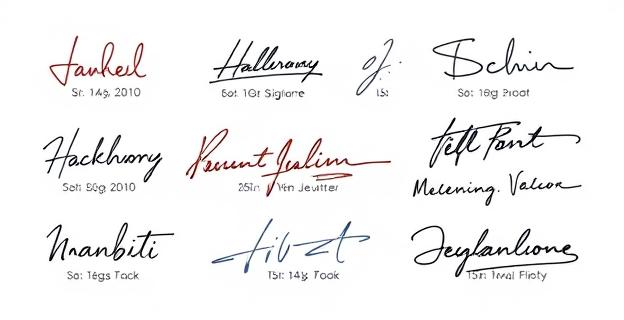 Una representación visual de una firma manuscrita con diferentes estilos y tamaños de letras, mostrando variaciones en la inclinación y adornos.