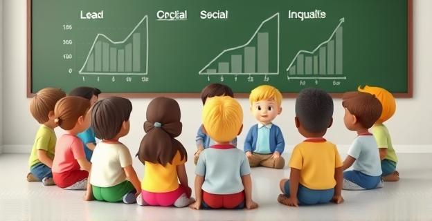 Representación visual de un grupo de niños de diferentes edades y etnias sentados en un círculo, con algunos en posiciones más elevadas que otros, simbolizando jerarquías sociales. En el fondo, una pizarra con gráficos que muestran desigualdades.