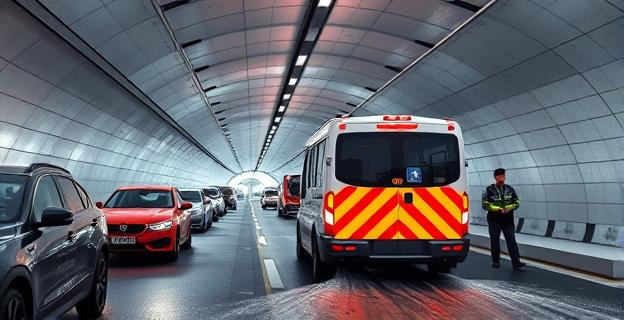 Imagen de un túnel urbano con un vehículo de limpieza y un coche de policía, mostrando una escena de tráfico denso y operaciones de limpieza en curso.