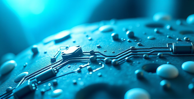 Una representación microscópica abstracta de circuitos complejos formándose sobre una superficie orgánica con un brillo azul suave que emana de un haz de luz, simbolizando una reacción fotoquímica en un entorno acuoso. Predominan tonos azules, verdes y grises.