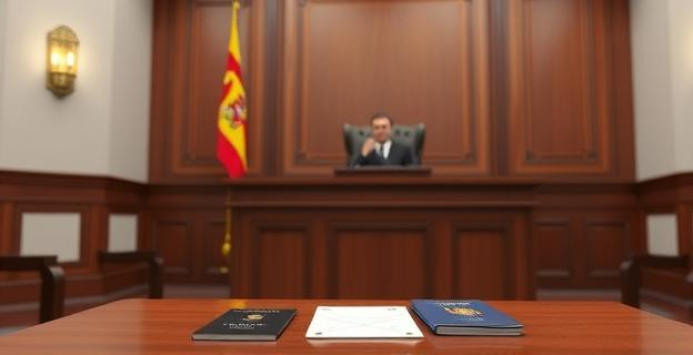 Escena de un juzgado con un juez sentado en su sitial, con una bandera de España detrás, y una mesa con documentos y un pasaporte encima
