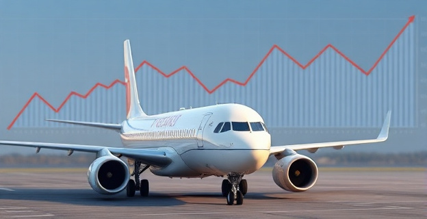 Imagen de un avión comercial en tierra con una etiqueta de 