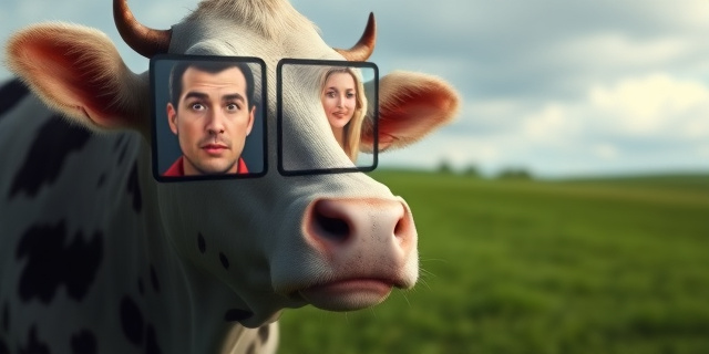 Una vaca holandesa observando fijamente dos pantallas que muestran rostros humanos difuminados, con un aura de inteligencia y curiosidad alrededor de su cabeza. Estilo pictórico, colores suaves y terrosos, iluminación dramática. Fondo de un prado verde y un cielo nublado.