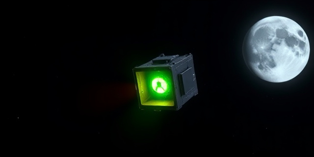 Una ilustración conceptual de estilo editorial y satírico. Un pequeño satélite cúbico flotando en el vacío oscuro del espacio, con un núcleo brillante de color verde neón que emite un aura radioactiva. Al fondo, la Luna con un foco de luz iluminando el polo sur. Estilo artístico digital, contrastes fuertes, atmósfera de ciencia ficción corporativa, sin rostros humanos.