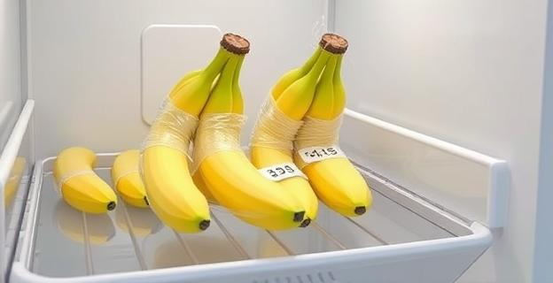 Imagen de un frigorífico con plátanos pelados y envueltos en papel film en sus pedúnculos, con una etiqueta que indica la fecha de conservación.