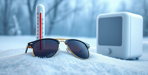 Imagen de un paisaje invernal con nieve y un par de gafas de sol sobre ella, junto a un termómetro mostrando bajas temperaturas y un humidificador en el fondo