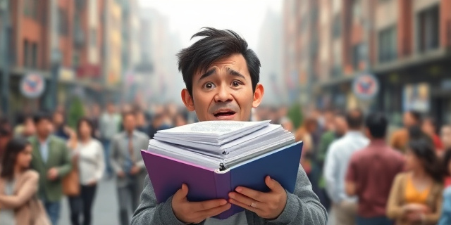 Una persona con una carpeta llena de papeles y una expresión de frustración en su rostro, con un fondo de una ciudad llena de personas de diferentes culturas