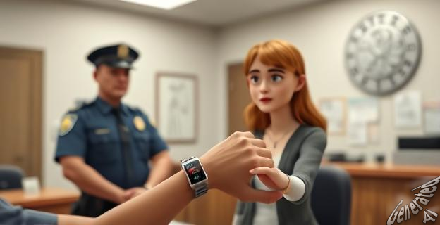 Una mujer sostiene una pulsera antimaltrato mientras habla con una agente de policía en un despacho gubernamental.